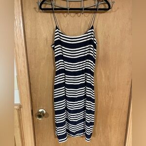 J CREW- 100% Silk Navy & Ivory Slip Dress Cinched Elastic Waist